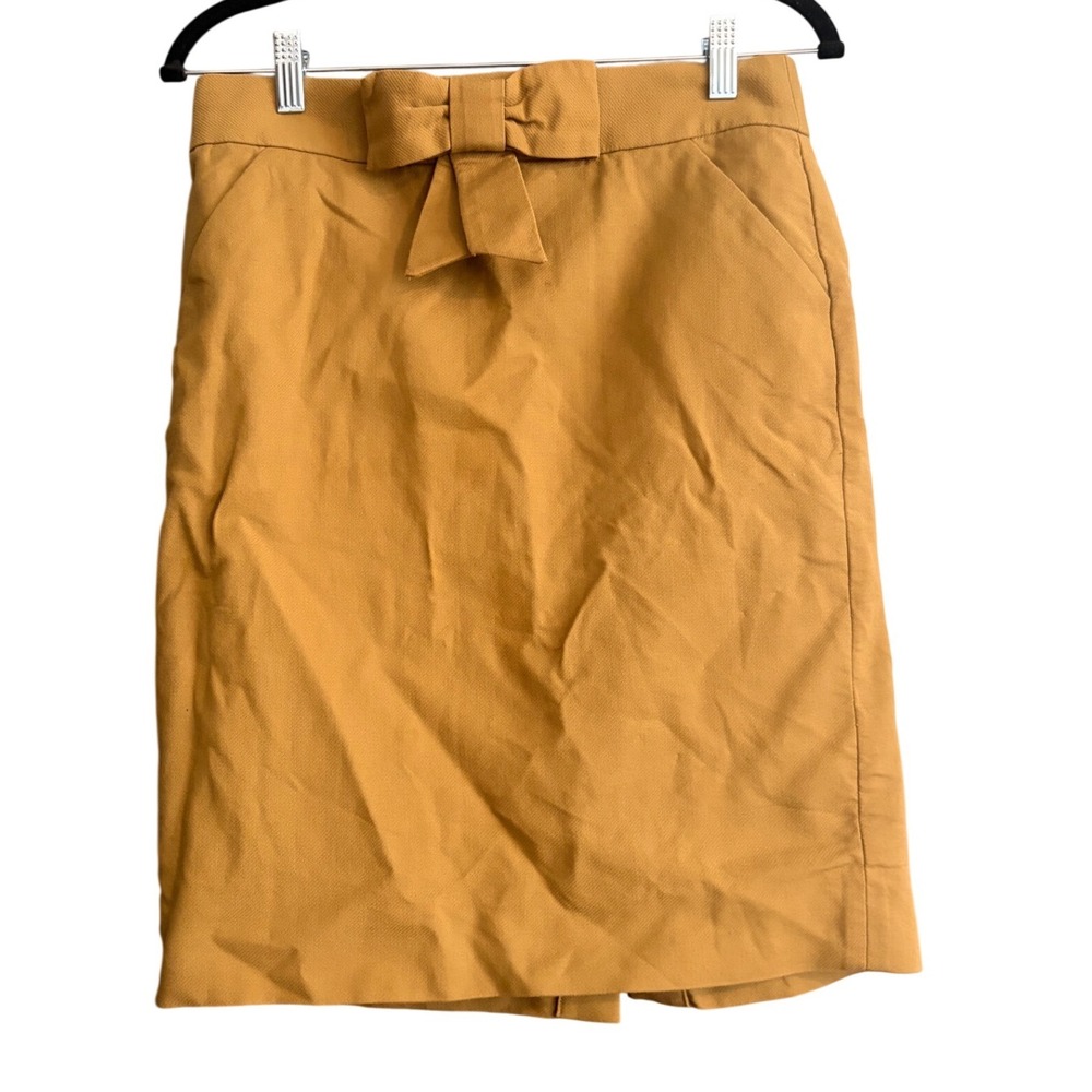 J.Crew Mustard Yellow Bow Front Cotton Pencil Skirt Size 4 RN77388‎ Knee Length